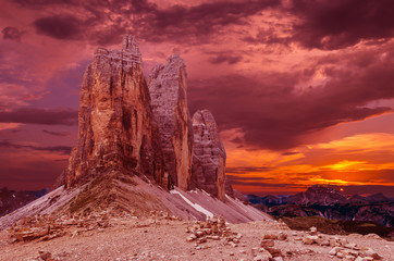 Tre Cime di Lavaredo National Park. Drei Zinnen, Trentino Alto Adige, South Tyrol, Dolomites mountains, Italy