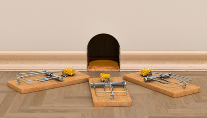Poster - Mouse hole on the wall and mouse traps with cheese around, 3D rendering