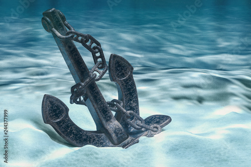 Fotomural Anchor on ocean bottom underwater. 3D rendering