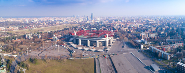 Canvas Print - Aerial view of Milan (Italy) with the Meazza soccer stadium, commonly known as San Siro.