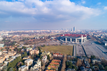 Canvas Print - Aerial view of Milan (Italy) with the Meazza soccer stadium, commonly known as San Siro.