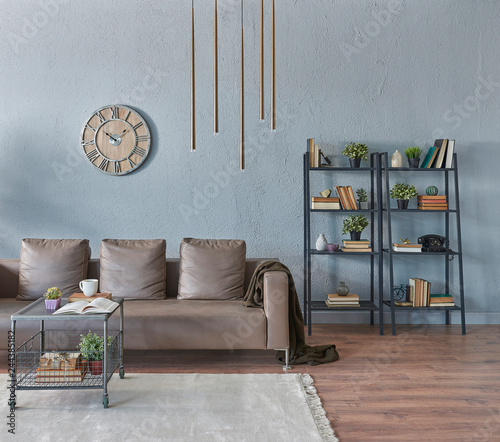 Brown Leather Sofa Wooden Clock And Gold Lamp Style Bookshelf