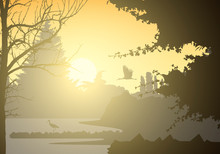 Realistic Illustration Of Landscape And Wetland With Standing And Flying Bird And Trees. Rising Sun With Beams On Morning Yellow Orange Sky, Vector