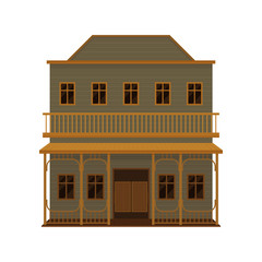 Canvas Print - Two-storey western house with wood swinging doors, porch and balcony. Old wooden building. Flat vector design