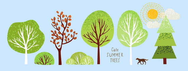 Wall Mural - cute summer trees, vector isolated illustration of trees, leaves, fir trees, shrubs, sun, snow and clouds, elements of nature to create a landscape