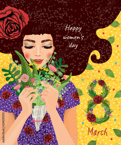 Plakaty do domu - mieszkania cute-card-for-the-holiday-of-women-s-day-on-march-8-vector-illustration-of-a-portrait-of-a-beautiful-girl-with-a-bouquet-of-flowers