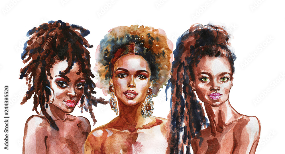 Watercolor beauty african women. Painting fashion illustration. Hand drawn portrait of pretty girls on white background - obrazy, fototapety, plakaty 