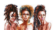 Watercolor beauty african women. Painting fashion illustration. Hand drawn portrait of pretty girls on white background