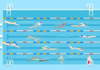 People in pool. Swim men and women in public swimming pool vector illustration, swimmers on lanes