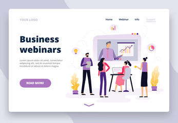 Fototapete - Students or employees learning using laptops, watching online video course and discuss it. Background or banner for site or landing page with a distance course theme. Vector illustration