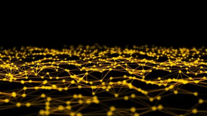 Poster - golden digital computer data and network connection triangle lines and spheres in futuristic technol