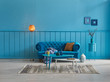 © UnitedPhotoStudio - Blue living room, blue sofa and blue home decoration style with orange lamp.