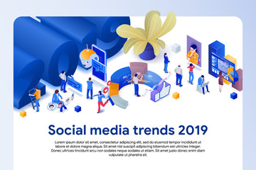 Fototapete - Social networks trends 2019. Dialogue with chat bot. Live broadcast. Earnings in social media. Opinion experts. Stories. Statistics and analytics. 3d isometric promotion vector illustration