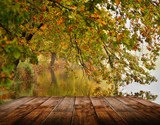 Fototapeta  - wooden deck table in autumn nature
