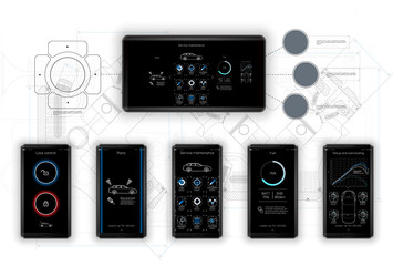 Poster - Template mobile application, for management and diagnosis of cars, service application for diagnosis, the background is made in the style of drawings. vector image.