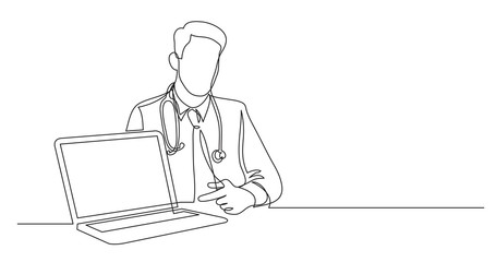 Wall Mural - one line vector drawing of hospital doctor sitting pointing at laptop screen