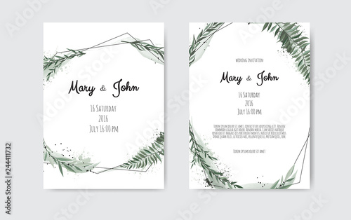 Set of card with leaves and geometrical frame. Floral poster, invite.