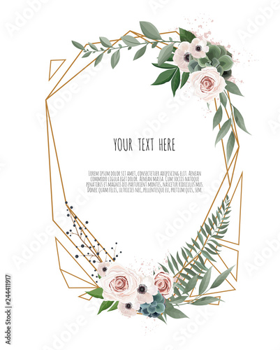 Vector floral botanical card design with leaves with golden geometrical frame.
