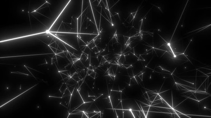 Poster - Myriad of interconnected particles.Flying in a fantasy abstract science, technology and engineering motion background. Organic motion. Plexus stylish video composition. Depth of field settings. 3D