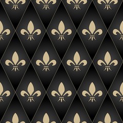 Canvas Print - Golden fleur-de-lis seamless pattern. Gold glitter and black Vector Illustration