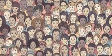 Diverse Group Of Children - Seamless Banner Of 70 Different Hand Drawn Kids' Faces, Kids And Teens Of Diverse Ethnicity