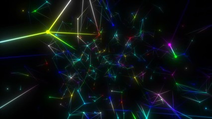 Poster - Colored interconnections.Elegant fantasy abstract technology, science and engineering motion background with plexus lines, polygons and light nodes in organic motion. Depth of field settings. 3d