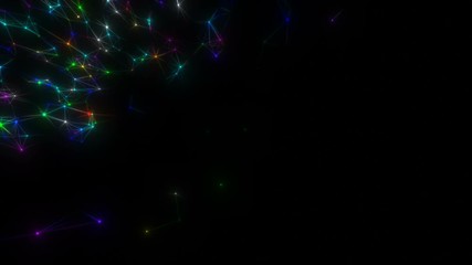 Poster - Multi-colored links in the corner of the screen.Flying in a fantasy abstract science, technology and engineering motion background. Organic motion. Plexus stylish video composition. Depth of field