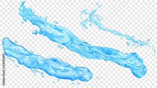 Set of translucent realistic water jets or splashes with drops in light blue colors, isolated on transparent background. Transparency only in vector file © Olga Moonlight