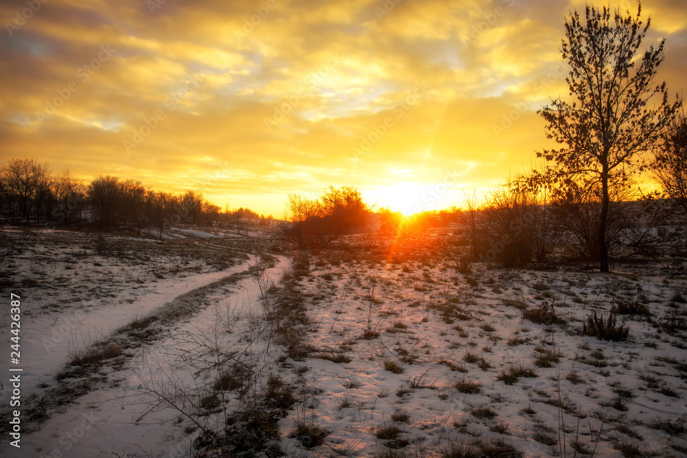 Dirt track through a field of snow at dawn or dusk. A Snow-covered country road through the fields at sunset.