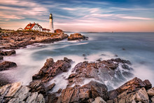 Portland Head Light At Dusk. The Light Station Sits On A Head Of Land At The Entrance Of The Shipping Channel Into Portland Harbor. Completed In 1791, It Is The Oldest Lighthouse In Maine
