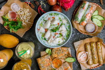 Wall Mural - Assorted asian dinner, vietnamese food. Pho ga, pho bo, noodles, spring rolls