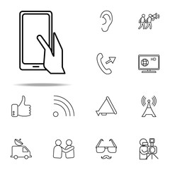 Poster - hand holds a tablet icon. Media, Press icons universal set for web and mobile