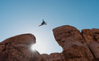 © SasinParaksa - Challenge, risk and freedom concept. Silhouette a man jumping over precipice crossing cliff