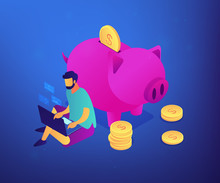 Freelancer With Laptop Working Remotely Online And Piggy Bank With Golden Coins. Online Jobs, Remote Workplace Jobs, Internet Earning Concept. Ultraviolet Neon Vector Isometric 3D Illustration.