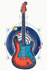 Wall Mural - Guitar and universe t-shirt design. Music art color poster