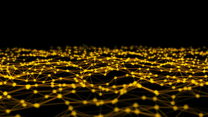Poster - golden digital computer data and network connection triangle lines and spheres in futuristic technol