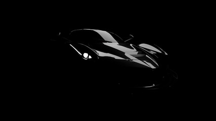 silhouette of black supercar with headlights on black background, 3d render, generic design, non-branded