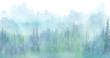 Watercolor art illustration. Drawing of the blue forest, pine tree, spruce, cedar. Dark, dense forest, suburban landscape. Postcard, logo, card. Misty forest, haze.