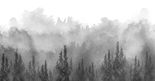 Watercolor Picture Of Mountains, Rocks, Peaks. Coniferous Forest, Pine, Spruce, Fir, Cedar. Black Silhouettes. Abstract Vintage Spots Of Black, White. Postcard, Logo, Poster. Splash Of Paint.