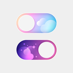 Vector On Off Switch. Day and Night Mode Switcher for Phone Screens. Toggle Element for Mobile App, Web Design, Animation. Light and Dark Buttons.