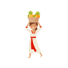 Wall Mural - young smiling girl carrying basket of fruit on her head. balinese woman in traditional dress. flat v