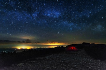 Canvas Print - night sky with a chuvash way on the background of mountains and illuminated red tent.