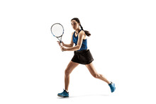 Full Length Portrait Of Young Woman Playing Tennis Isolated On White Background. Healthy Lifestyle. The Practicing, Fitness, Sport, Exercise Concept. The Female Model In Motion Or Movement