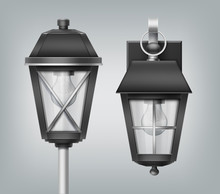 Vector Illustration Of Vintage Lantern On Pole And Wall, Modern Electrical Lamps, Outdoor Street Lights On Background