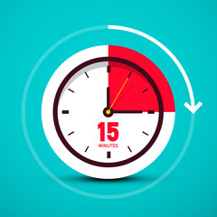 Sticker - Fifteen 15 Minutes Time Symbol. Analog Vector Clock Icon.