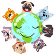 Cute cats an around globe banner vector illustration. Animals planet concept, world continents fauna, world map with cats and dog. Pug, labrador, dachshund, terrier, cat  in cartoon style