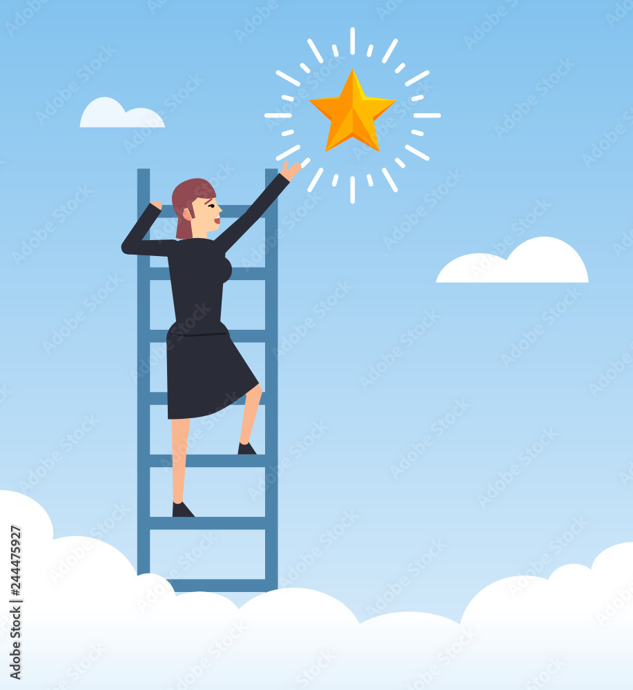Businesswoman climbing on ladder to sky and trying to catch dream star.  Achieve your dreams, goals concept. Flat design vector illustration Stock  Vector | Adobe Stock, image size:917x1000