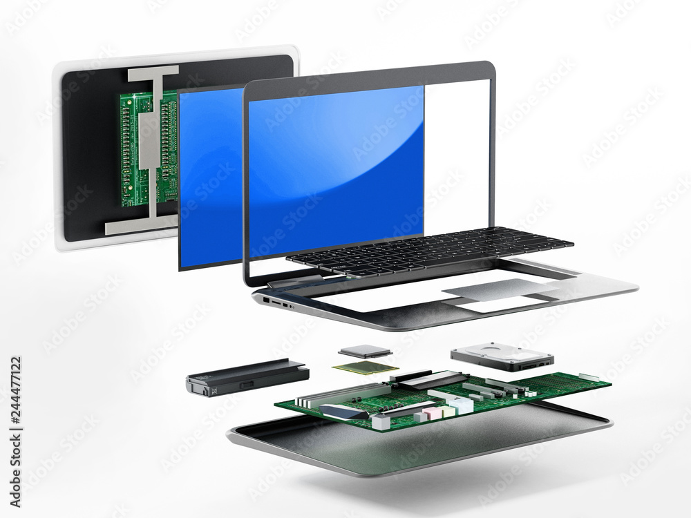 Structure of laptop computer showing spare parts. 3D illustration