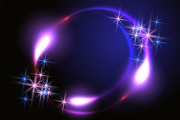 Wall Mural - Fantastic background with neon round frame, sparkle stars and space portal into another dimension