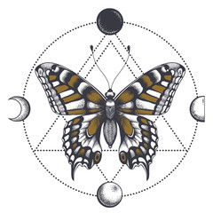 Wall Mural - Butterfly tattoo in triangle. Moon phases.